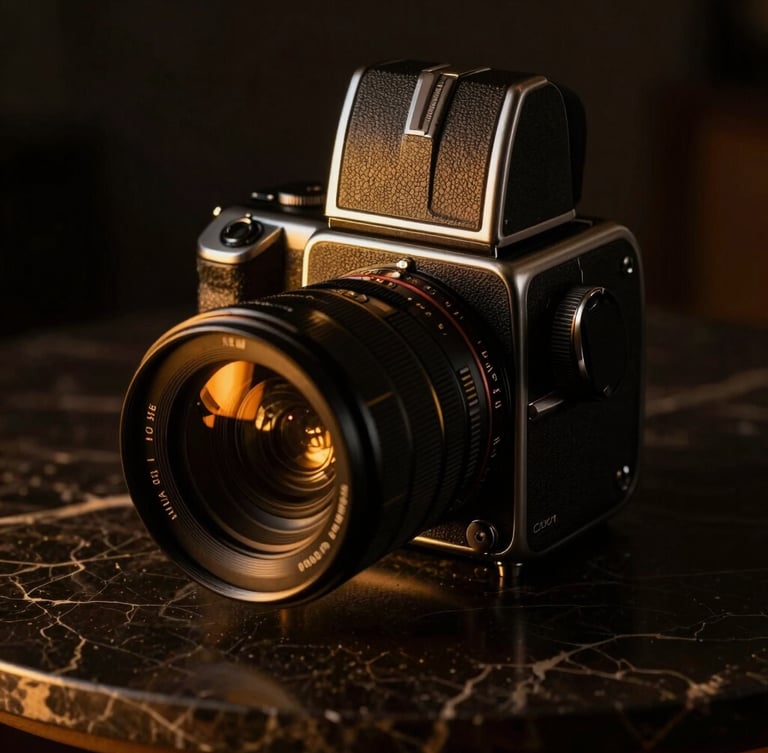 Moody close-up of a high-end medium format camera on a dark marble table, warm golden light reflecting on the lens, premium editorial aesthetic.