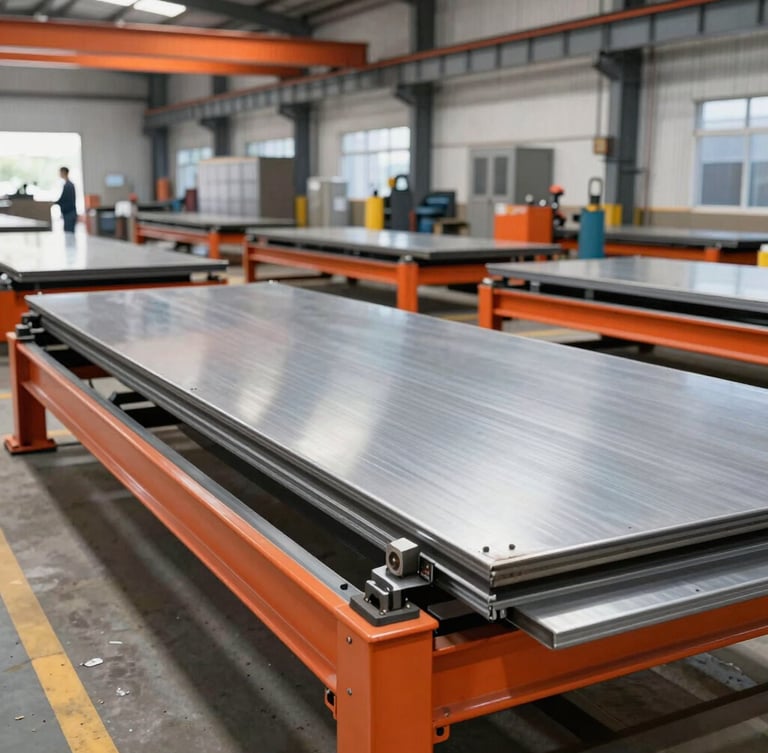 Low-angle industrial photography of a modern metal fabrication factory floor in Mossoró, bright natural workshop daylight, steel sheets and orange machinery, sharp focus