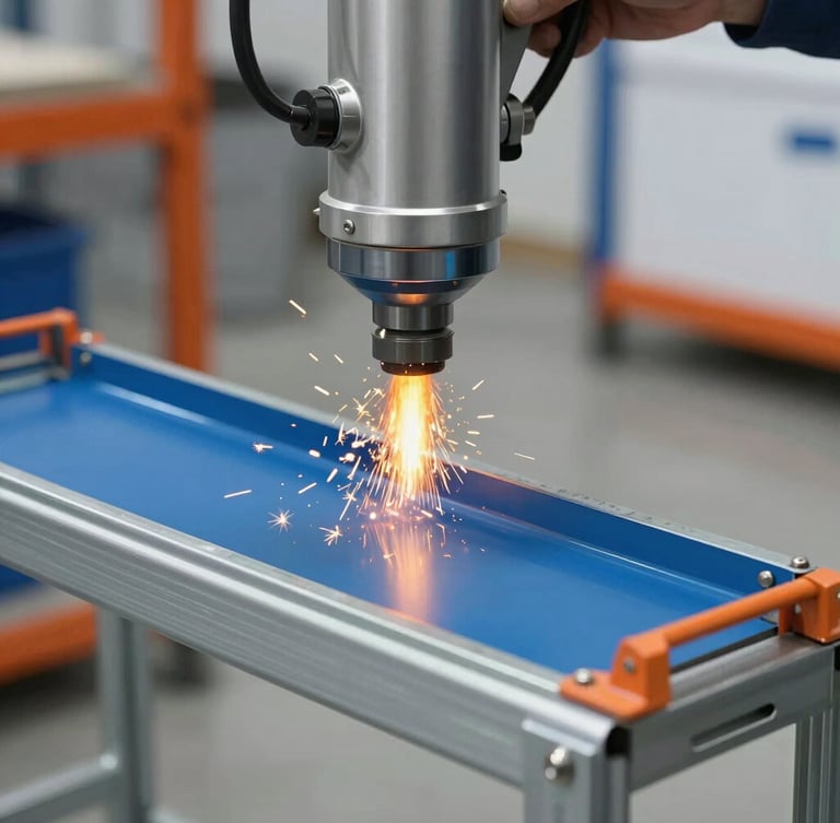 Close-up of industrial electrostatic powder coating process on a steel shelving unit, bright orange sparks and blue metal surface, professional workshop lighting, sharp focus