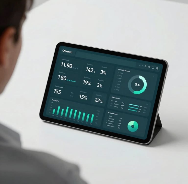 A clean over-the-shoulder shot of a professional analyzing a minimalist slate and teal data dashboard on a modern tablet, crisp cool studio lighting.