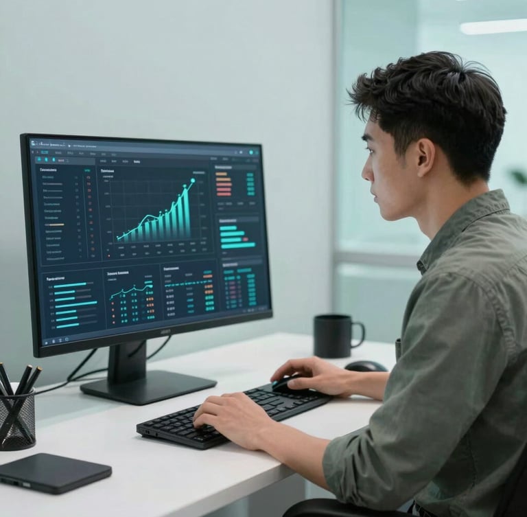 Focused professional in a clean modern workspace looking at a data dashboard, cool crisp studio lighting, digital teal accents, sharp focus, 35mm lens