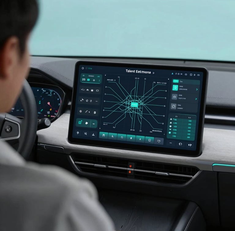 An over-the-shoulder shot of a modern dashboard showing talent mapping data pathways, crisp cool studio lighting, slate and teal tones, sharp focus, 35mm lens