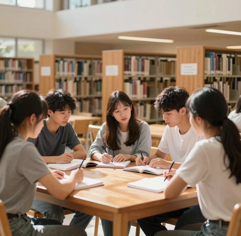Bright editorial photography of high school students collaborating around a wooden table in a sunlit modern library, warm oak tones, natural daylight, 35mm.