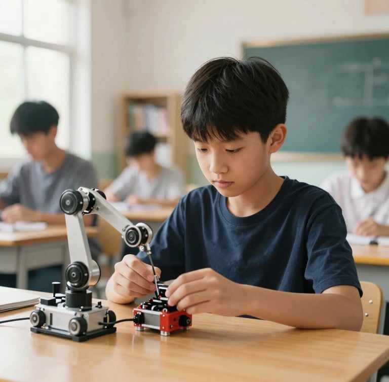 Medium environmental portrait of a young student focused on assembling a small robotic arm in a warm oak-toned workshop, soft daylight, shallow depth of field