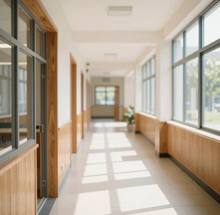 Bright editorial photography of a modern school corridor with warm oak wood accents, natural daylight streaming through high windows, soft focused depth of field.