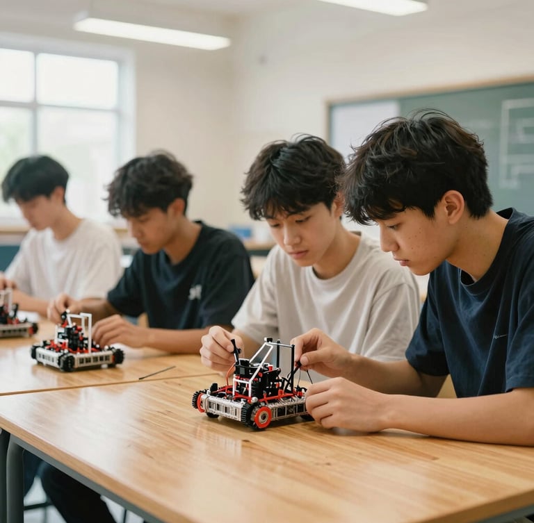Bright editorial photography of high school students collaborating on a robotics project in a sunlit modern workshop, warm oak tables, shallow depth of field, authentic 35mm style