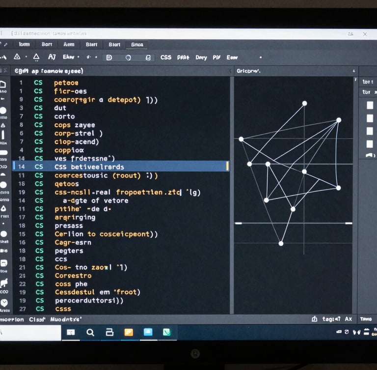 Top-down orthographic view of a clean code editor window displaying structured CSS grid layout values next to a vector design canvas with precise anchor points, high-contrast cool studio lighting.