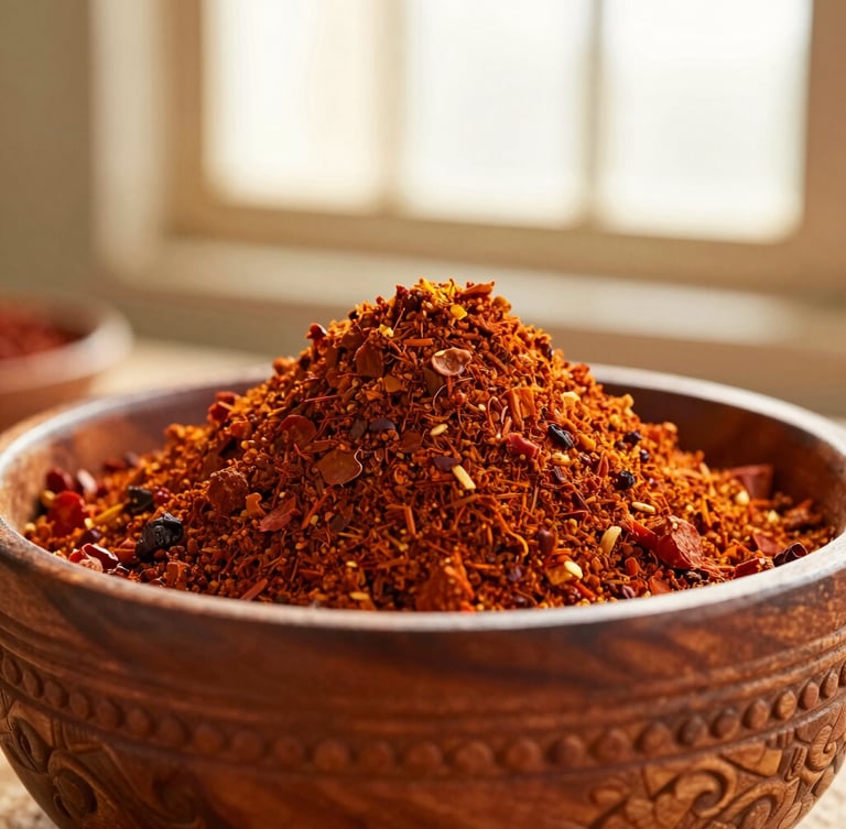 Close-up of vibrant sun-dried berbere spice blend in a hand-carved wooden bowl, soft golden-hour window light, rich terracotta tones, shallow depth of field, 35mm