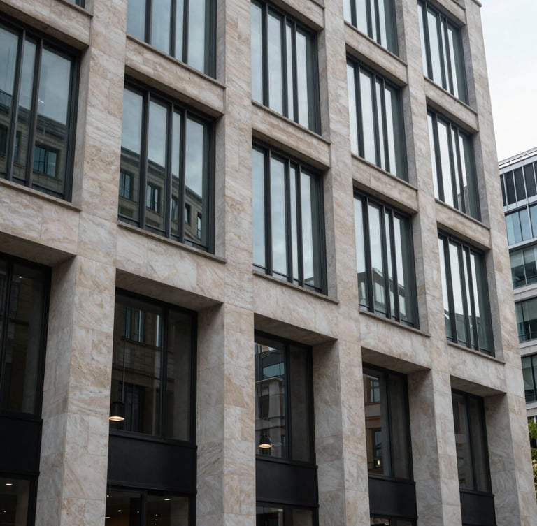 Plan plano cerrado de la fachada de piedra caliza y vidrio templado de un edificio financiero en la City de Londres, luz de día fría y difusa.