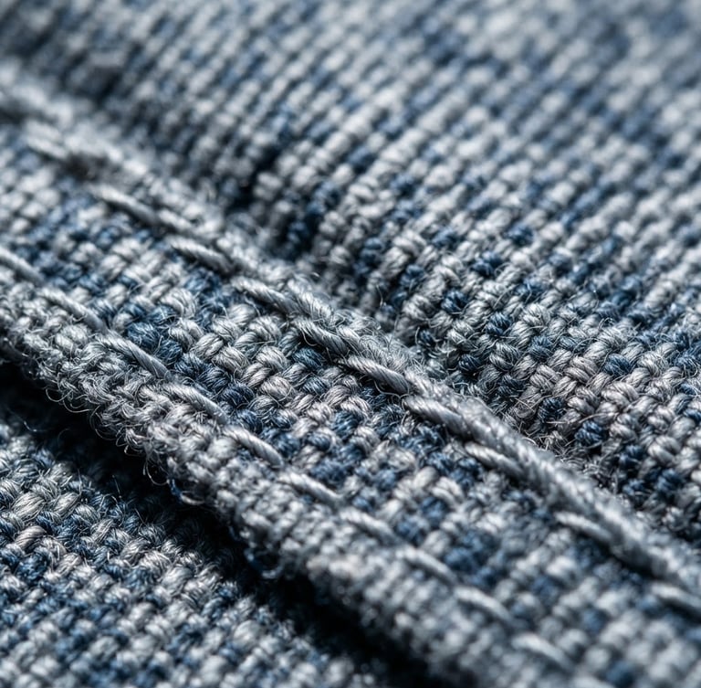Macro shot of durable organic cotton fabric weave with clean, high-contrast studio lighting, cool grey tones, highlighting precise stitching and texture.