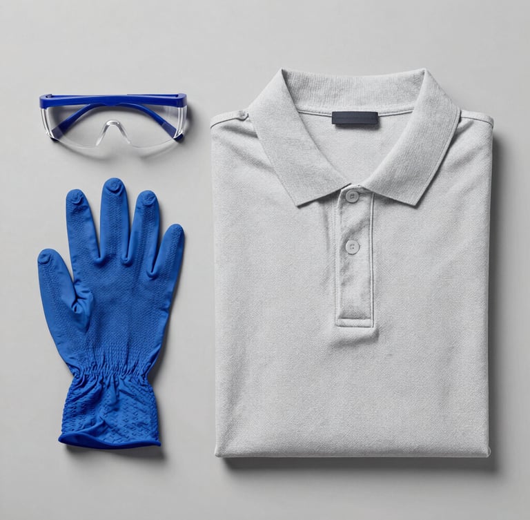 Neatly arranged PPE flat lay containing safety glasses, gloves, and a folded organic pique cotton polo shirt on a cool grey surface, crisp studio lighting.