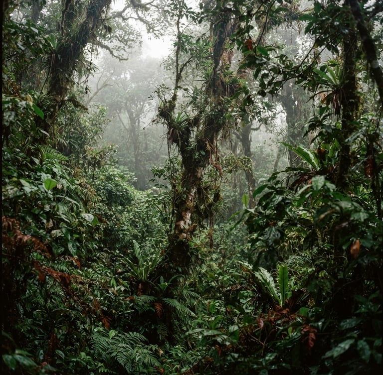 Atmospheric editorial photography of misty Bwindi Impenetrable Forest canopy, soft overcast light, deep forest green tones, 35mm film style.