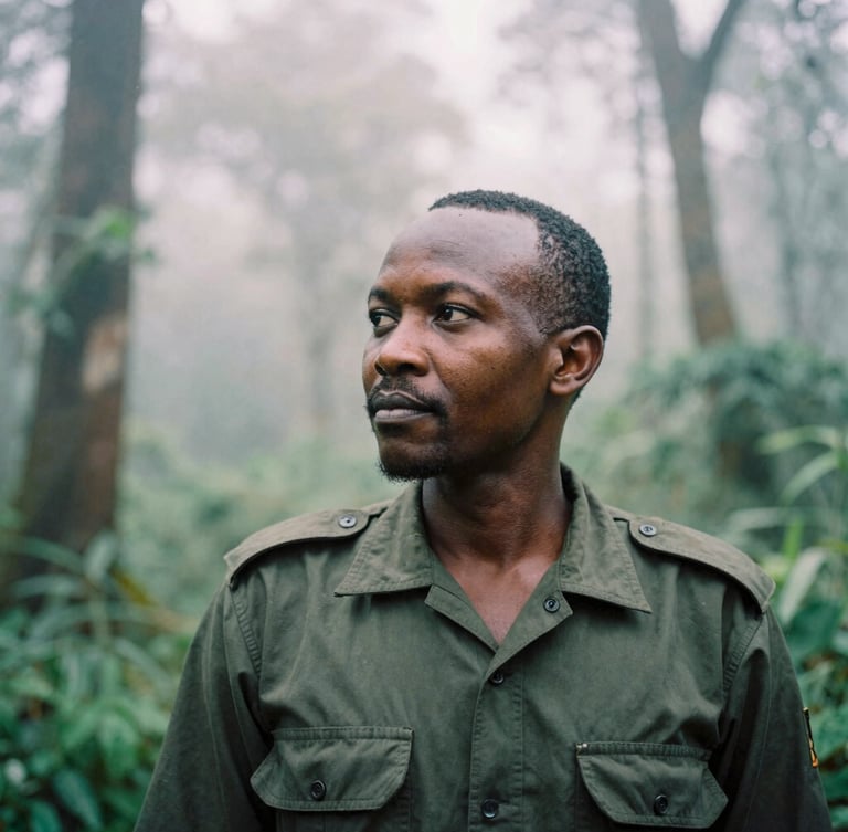 A close-up documentary portrait of an expert Ugandan safari guide in a dark green uniform, looking thoughtfully into the misty Bwindi forest, soft overcast light, 35mm film