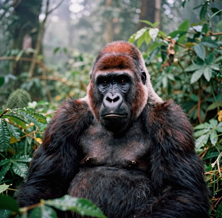A close-up portrait of a mountain gorilla sitting in the dense green foliage of Bwindi Forest, misty background, soft overcast light, 35mm film