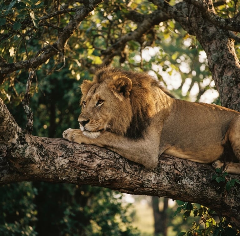 A close-up of a tree-climbing lion resting on a thick sycamore fig branch in Ishasha, soft golden-hour light filtering through leaves, atmospheric 35mm film style