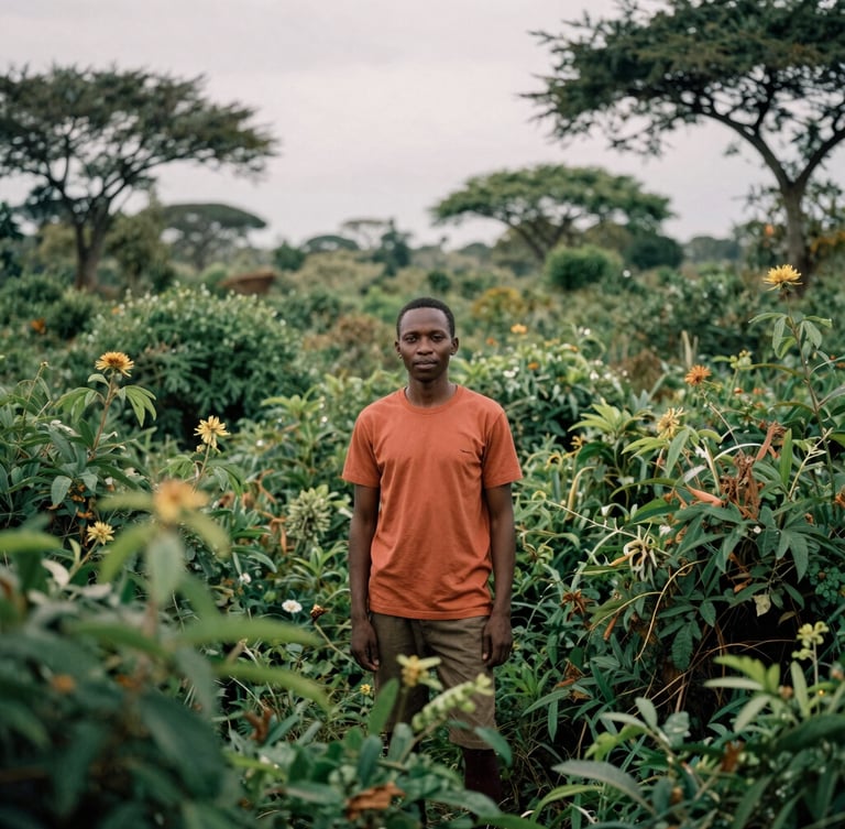 Candid portrait of an East African safari guide tracking through dense green foliage, soft overcast light, warm terracotta accents, documentary style