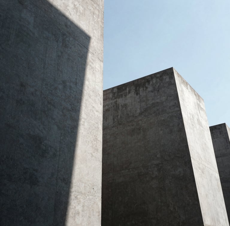 Low-angle heroic shot of monolithic concrete forms under high-contrast daylight with sharp graphic shadows, architectural photography, 35mm
