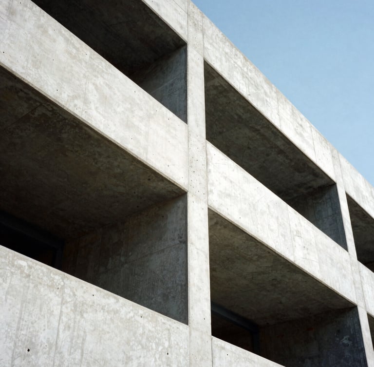 Low-angle heroic shot of raw monolithic concrete forms and sharp steel framing, high-contrast daylight with graphic shadows defining structural form, architectural photography, 35mm