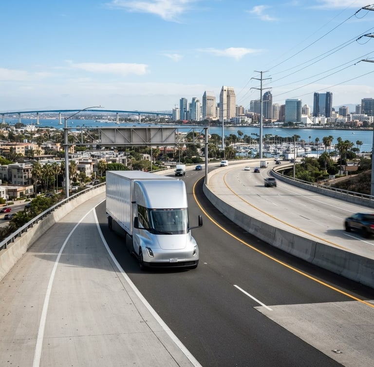 Wide environmental shot of a modern transport vehicle on a clean San Diego highway under bright daylight, crisp industrial photography, high-contrast tones, wide-angle lens