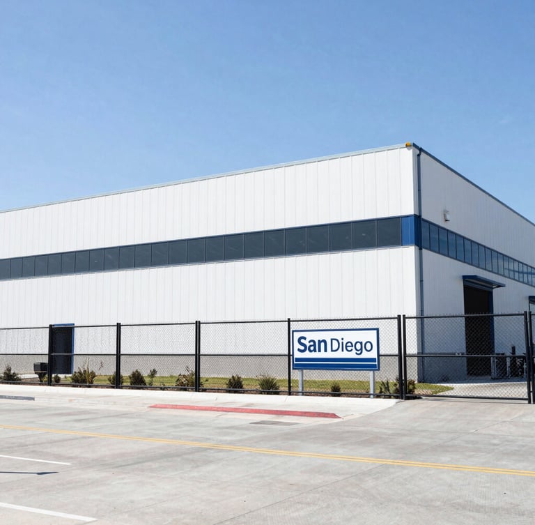 Clean architectural shot of the modern San Diego distribution facility exterior with secure fencing and clear signage under bright daylight