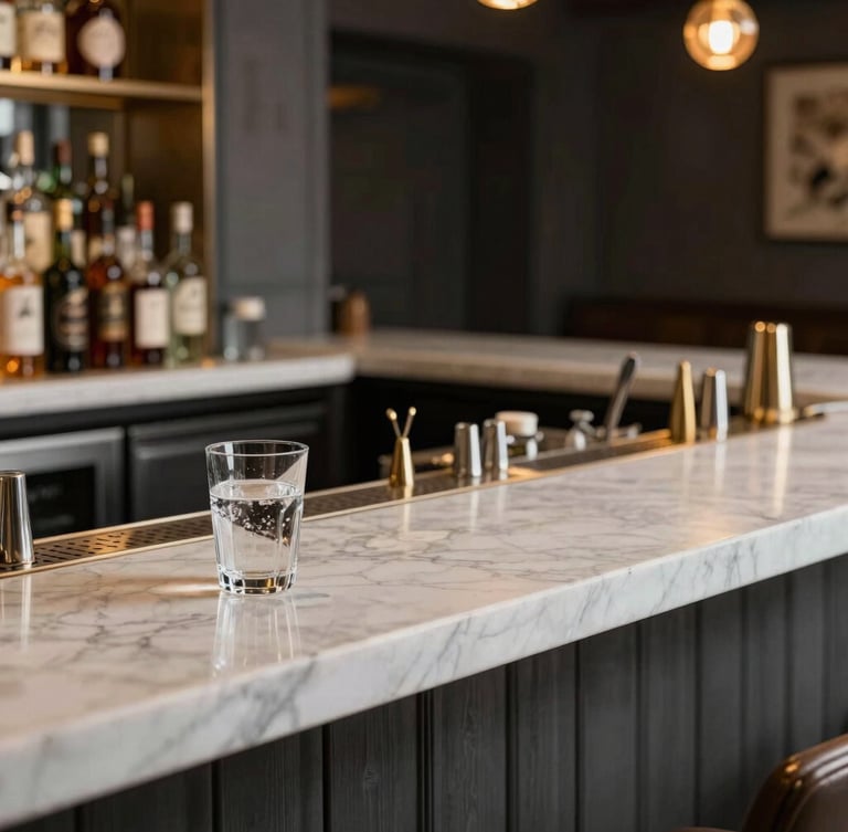 A close-up portrait of a warm wooden bar counter, a single amber glass of whiskey with a clear ice sphere, soft glowing lantern light in the background, cozy retro atmosphere, shallow depth of field