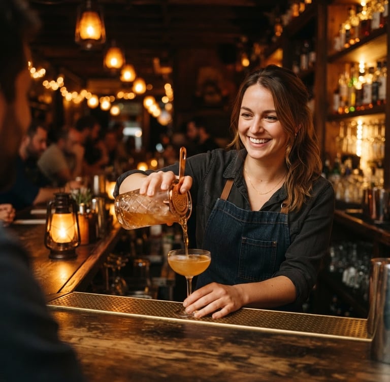 A warm close-up of a smiling female bartender pouring a drink behind a dark wooden counter, soft amber lantern glow in the background, 35mm film style