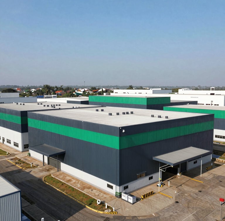 Wide environmental shot of the expansive Accra industrial facility, clean modern architecture under sharp daylight, high-contrast shadows, 35mm lens