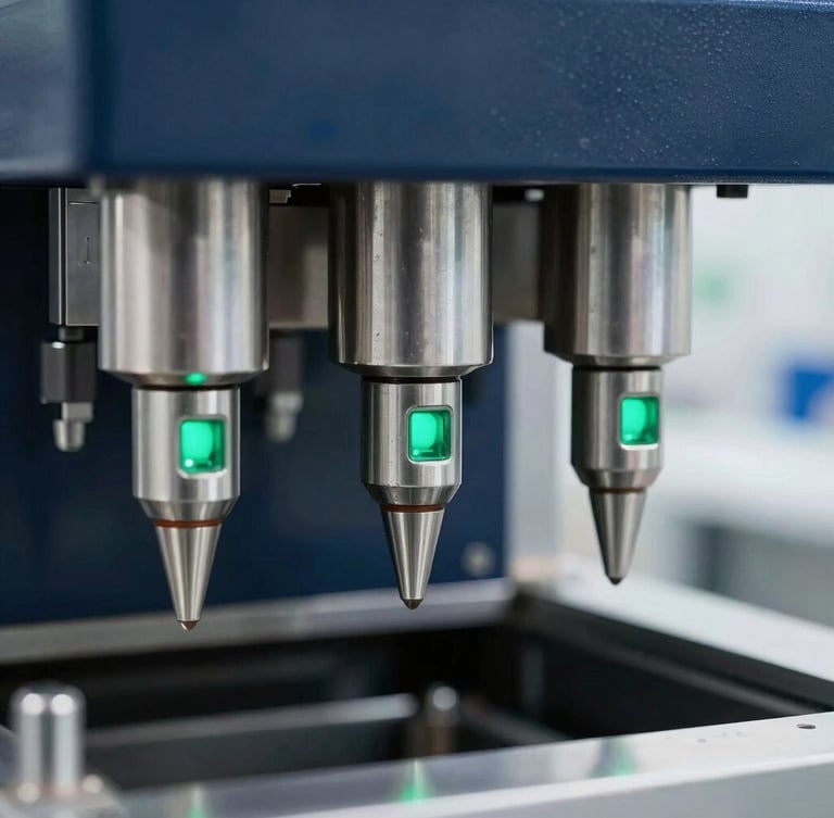 Macro close-up of high-speed liquid filling machinery on an automated FMCG production line, stainless steel nozzles, sharp focus, technical emerald green status indicators, crisp studio lighting