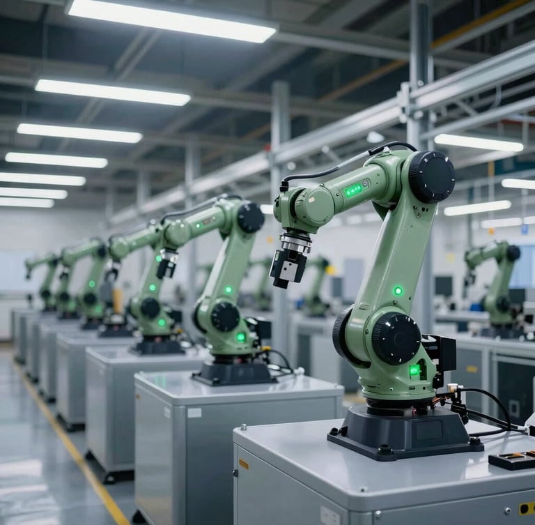 Wide angle shot of a clean, high-tech automated factory floor in Accra, robotic arms operating under crisp cool studio lighting with sharp green LED indicators, deep slate tones, 35mm lens