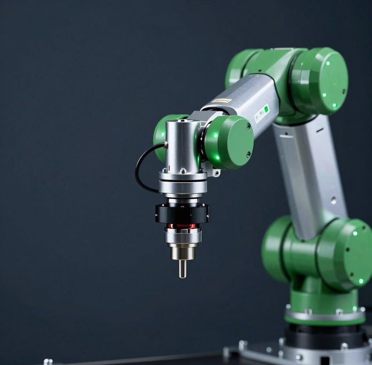 Macro close-up of a high-tech robotic packing arm in motion, sharp focus, cool studio strobes with emerald green LED highlights, deep slate background.