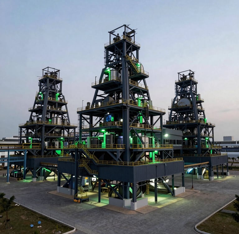 Wide panoramic environmental shot of the expansive Accra industrial facility, modern steel architecture, clean tech-emerald green lighting accents, high-contrast shadows