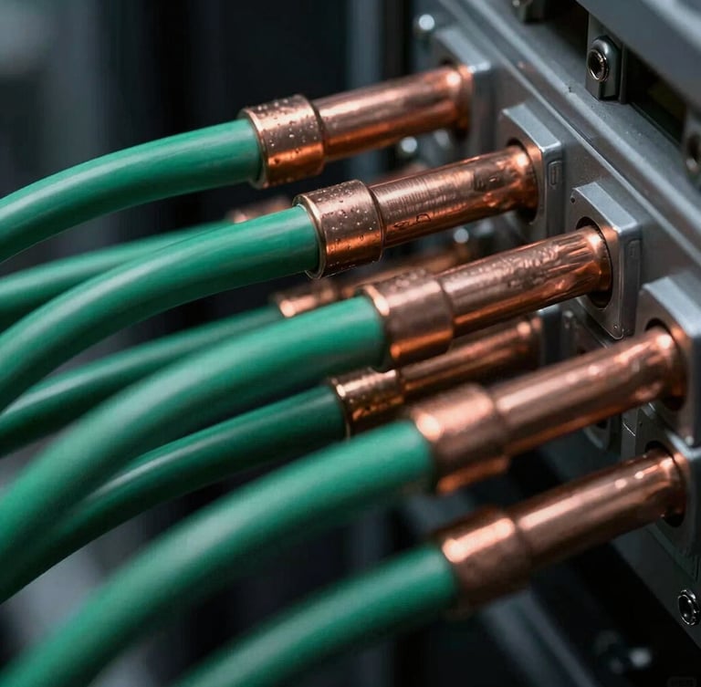 Macro close-up of thick copper electrical conduits and green fiber optic routing cables within a clean energy substation, technical precision, high-contrast lighting, 35mm