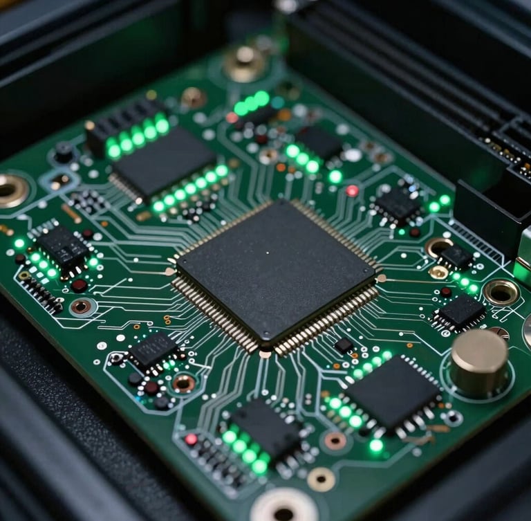 Macro close-up of a high-density server motherboard, green LED indicators glowing on silicon pathways, clean technical 35mm photography.