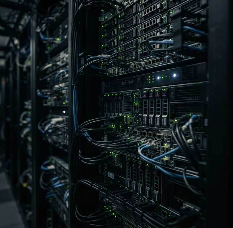 Macro close-up of high-density server racks with subtle green LED indicators, moody server room lighting, sharp green and cool white accents, technical macro, 35mm