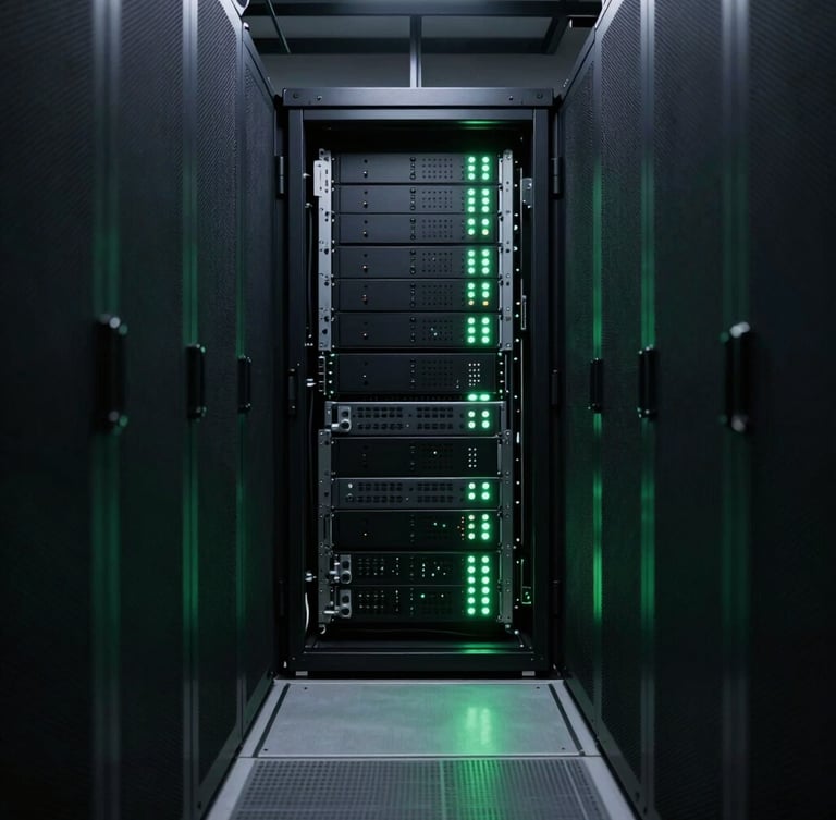 Symmetrical long shot of a clean, dark server room aisle with cold green LED indicators, low-key atmospheric lighting, technical 35mm photography
