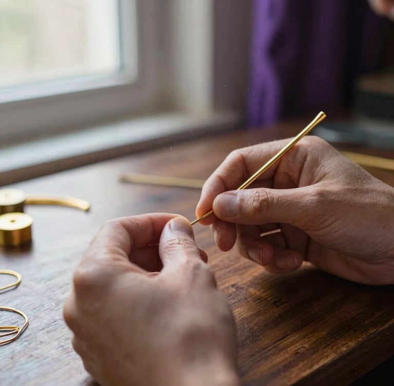 Close-up of artisan hands shaping gold wire on a dark wooden workbench, soft directional window light, dust particles visible in the air, shallow depth of field.