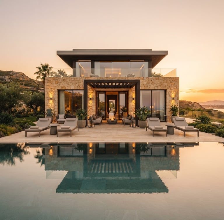 Symmetrical architectural shot of a modern luxury villa in Algarve, warm golden-hour sunlight reflecting on a quiet pool, high-end stone finishes, editorial style