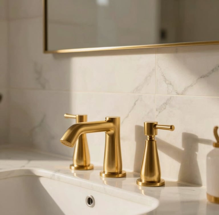 Close-up of a luxury bathroom renovation in Algarve, brushed gold brass fixtures, bookmatched white marble walls, soft natural light, architectural detail, high-end craftsmanship, 35mm