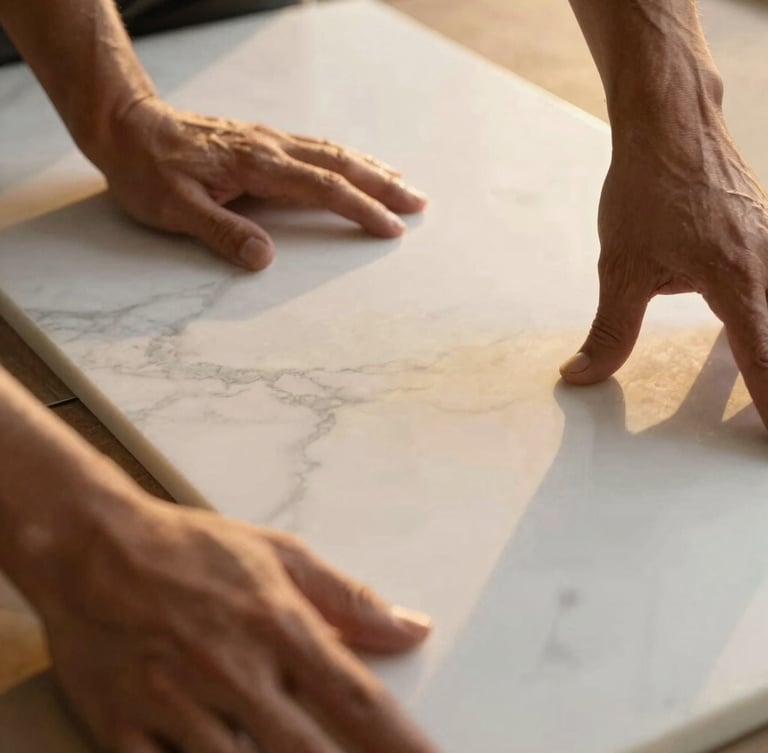 Close-up of premium architectural materials, hands of a craftsman touching a smooth white marble slab with subtle grey veins, golden-hour light