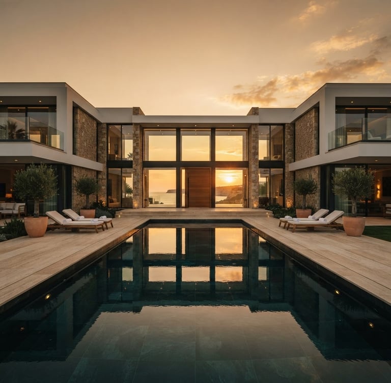Symmetrical architectural shot of a modern luxury villa in Algarve, golden hour sunlight reflecting off a pristine infinity pool, clean lines, high-end real estate photography, 35mm