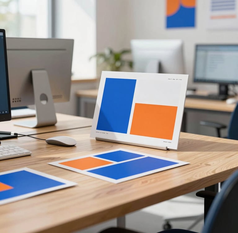 Bright modern creative studio workspace with natural daylight, clean oak desks, physical brand mockups with subtle blue and orange accents, sharp 35mm photography