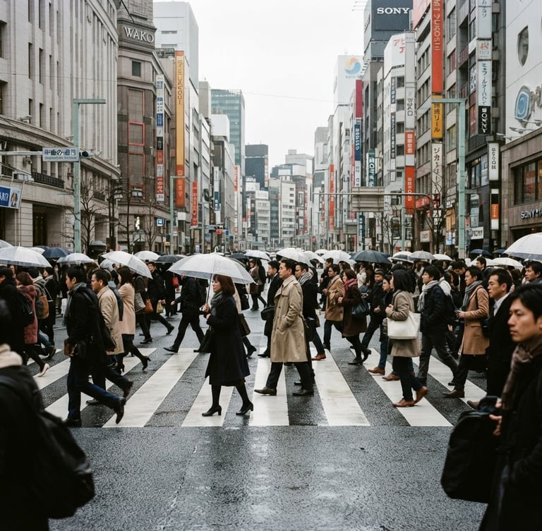 Editorial photojournalism, natural overcast daylight, a busy street corner in Ginza, Tokyo, with pedestrians crossing under gray skies, 35mm documentary style
