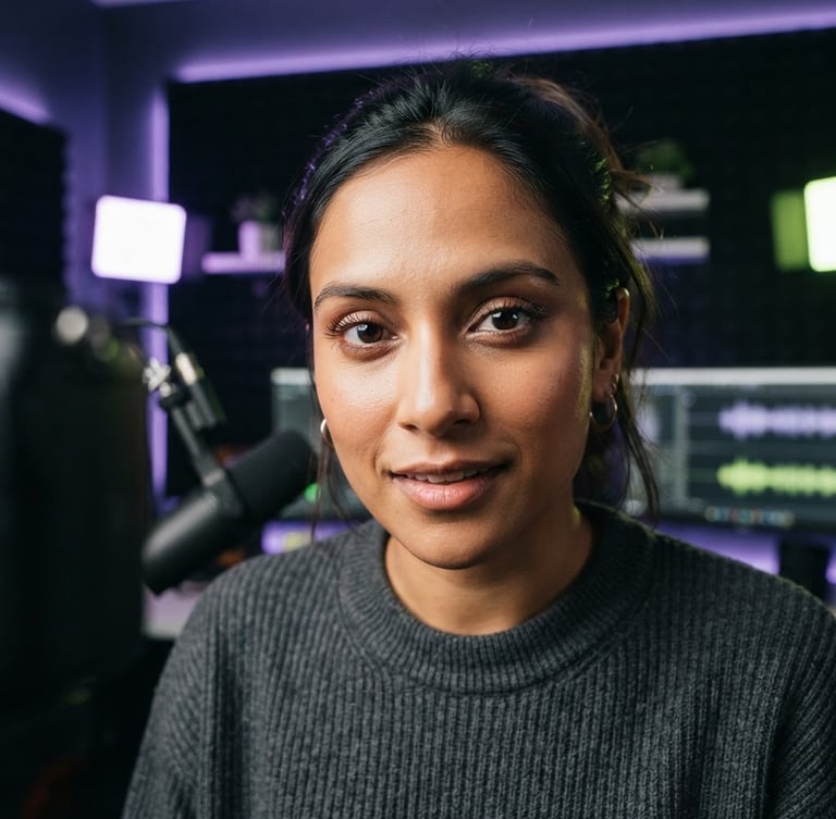 Tight macro shot of a professional creator in a modern home studio with subtle neon violet edge lighting, looking directly at a camera, sharp focus, 35mm lens