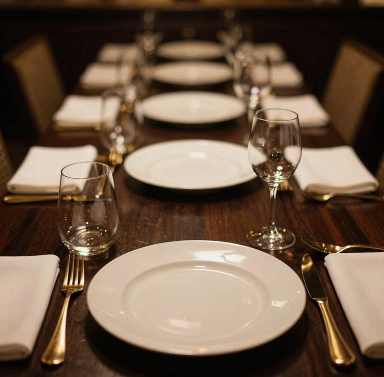 Elegant close-up of a perfectly aligned VIP dining setup, warm low-key ambient lighting, gold accents on dark table, shallow depth of field, 35mm film
