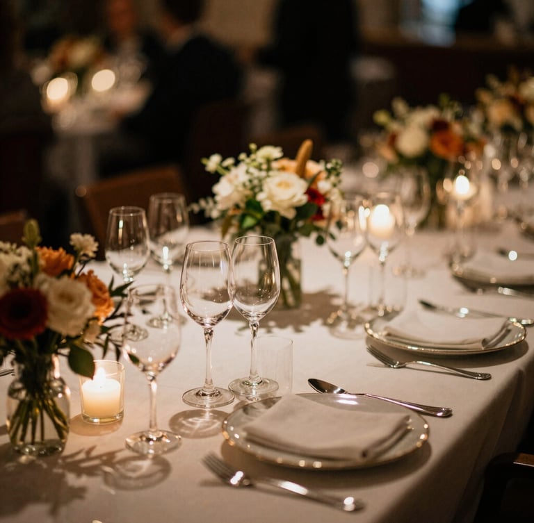 Close-up of a perfectly set VIP hospitality table at a prestigious Belgian cycling event, warm low-key ambient lighting reflecting off crystal glassware, elegant floral arrangements, shallow depth of field, 35mm film.