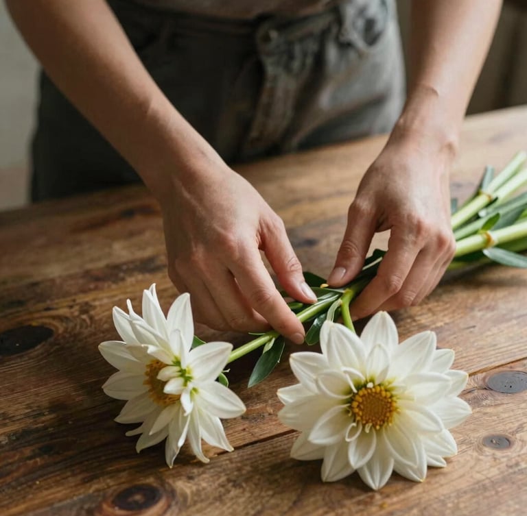 Primer plano de manos femeninas recortando delicadamente tallos de dalias frescas sobre una mesa de madera rústica, luz natural suave de mañana.