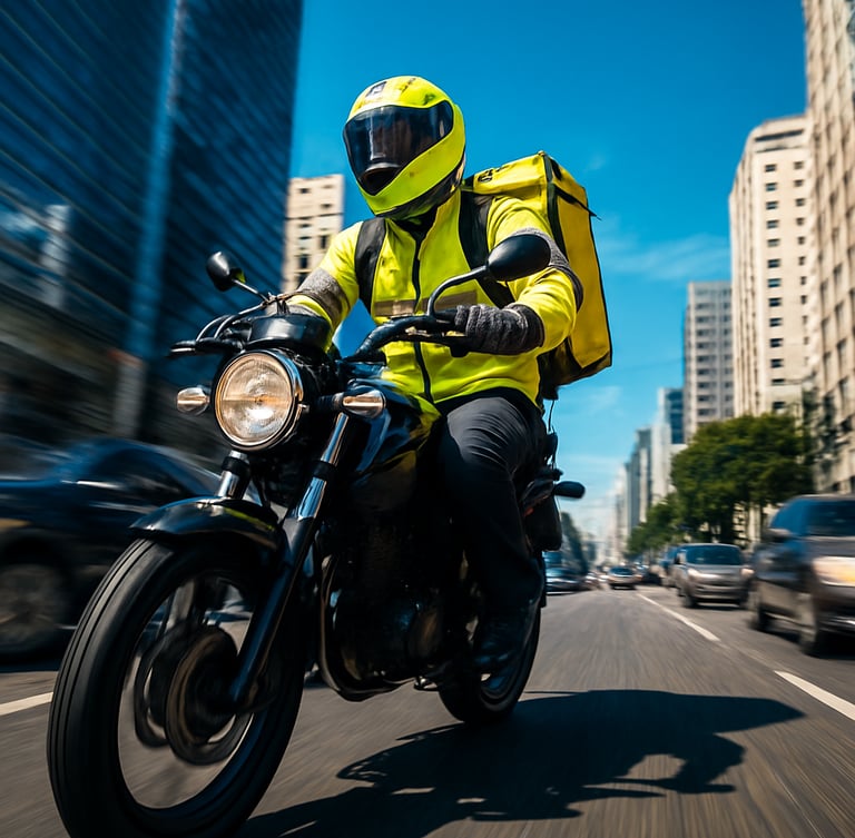 Dynamic low-angle shot of a motorcycle courier in high-visibility gear riding through São Paulo traffic, motion blur, daylight