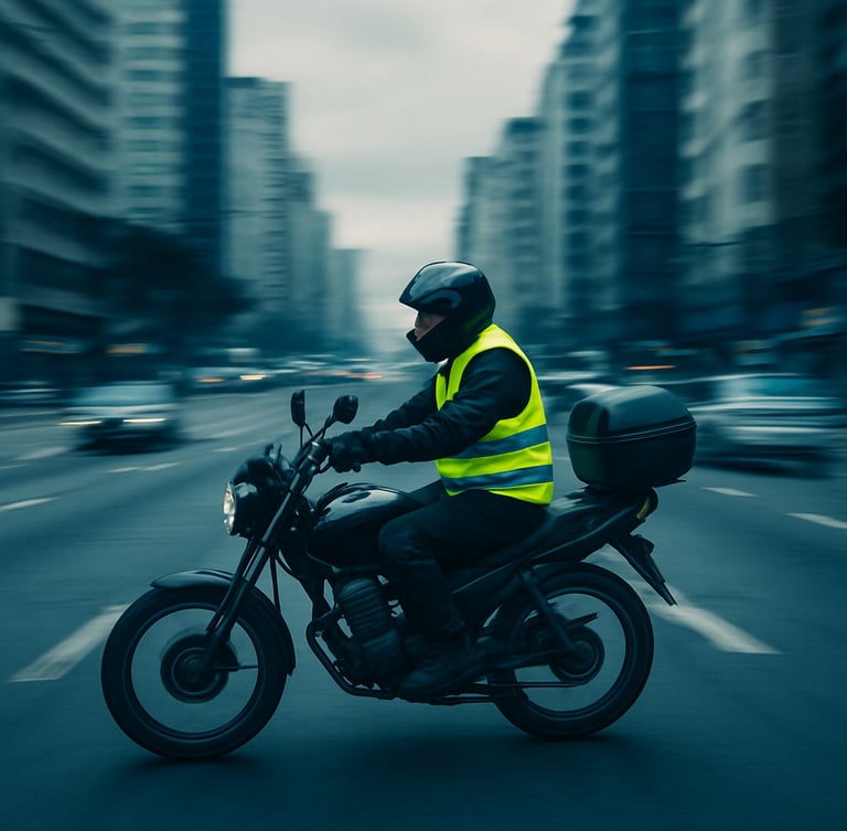 A professional motorcycle courier in high-visibility yellow vest riding safely through São Paulo urban avenue, overcast daylight, motion blur, 35mm lens.