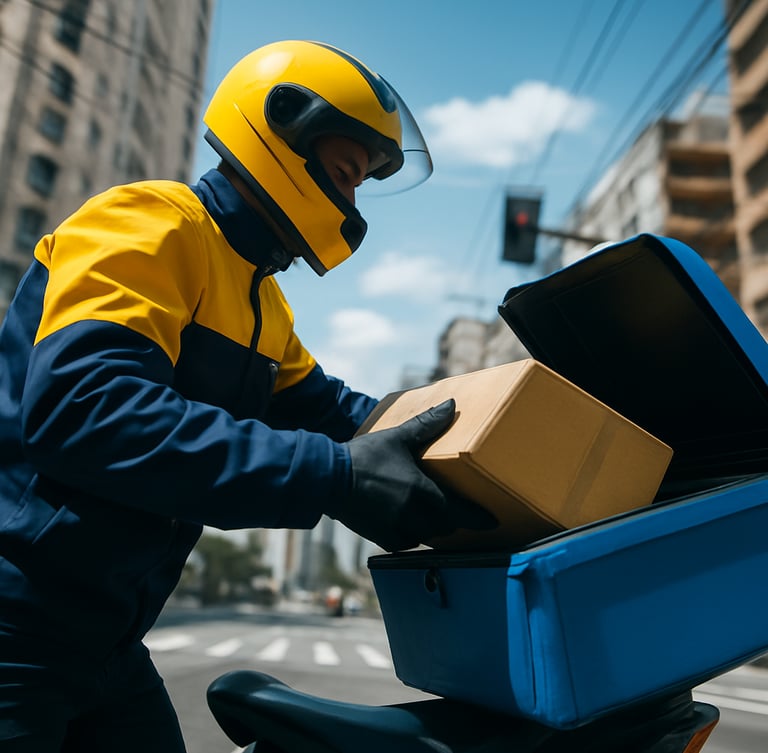Dynamic low-angle shot of a secured parcel being loaded onto a motorcycle delivery box, high-contrast daylight, yellow and deep blue courier gear, São Paulo street background.