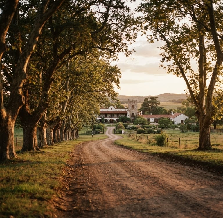 Warm editorial landscape of a quiet dirt road lined with ancient trees leading to an Argentine estancia, golden hour light, 35mm film